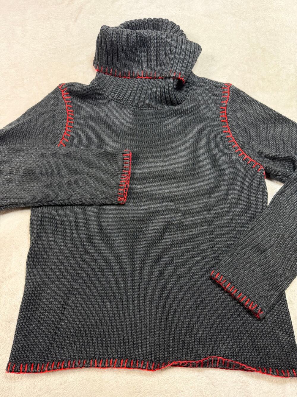 Ecru Cowl Neck Sweater Charcoal Grey Red Blanket Stitch Modern Craft Women Sz Lg
